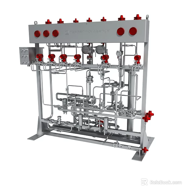 Industrial Piping Equipment With Metal Pipes Red Valves And Control Panel 3d model 