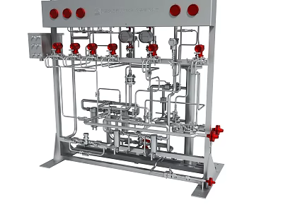 Industrial Piping Equipment With Metal Pipes Red Valves And Control Panel 3d model