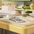 Modern Home Office Desk and Chair Set with Computer Monitor Keyboard Headphones and Green Plants