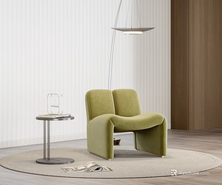 Green Velvet Leisure Chair On Round Rug With Side Table Pendant Light Wooden Wall 3d model 