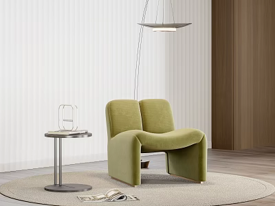 Green Velvet Leisure Chair On Round Rug With Side Table Pendant Light Wooden Wall 3d model