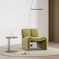 Green Velvet Leisure Chair On Round Rug With Side Table Pendant Light Wooden Wall