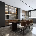 Modern Restaurant Interior Design With Dining Table Brown Chairs Cabinets And Large Windows 3d model