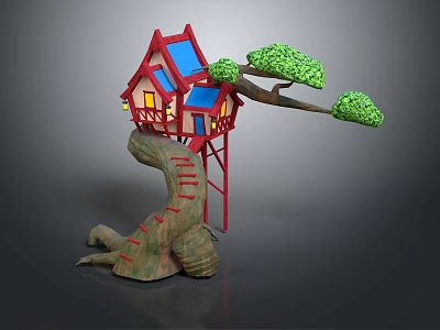 Cartoon Scene of Red Tree House with Blue Roof Yellow Windows and Green Tree Branches 3d model