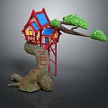Cartoon Scene of Red Tree House with Blue Roof Yellow Windows and Green Tree Branches