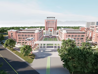 Red Brick School Buildings Featuring Multiple Teaching Blocks Central Plaza Green Trees And Roads 3d model