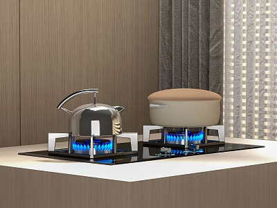 Kitchen Gas Stove With Blue Flames Silver Kettle And Beige Pot On Counter 3d model
