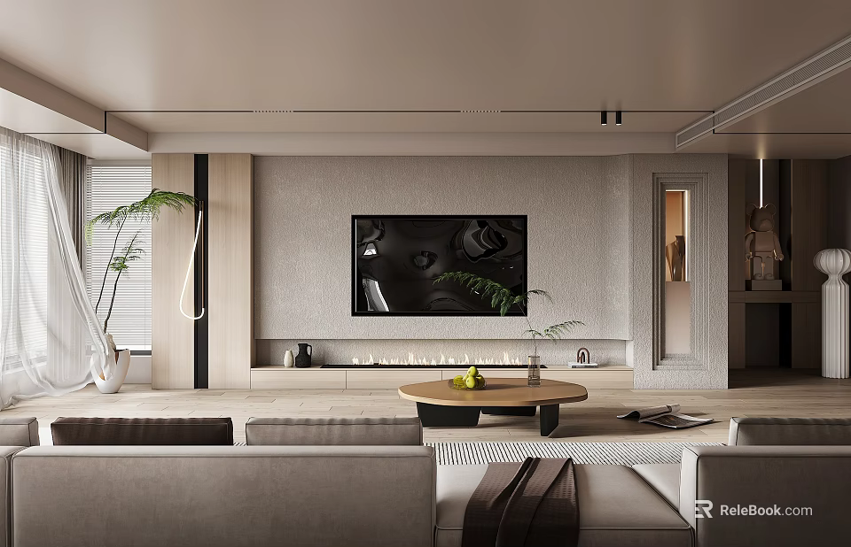 Modern Living Room Interior Design With TV Wall Fireplace Round Coffee Table And Plants 3d model 