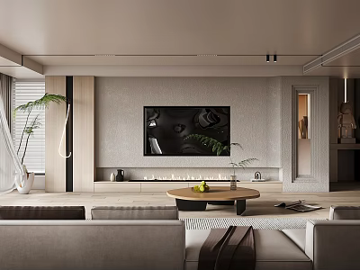 Modern Living Room Interior Design With TV Wall Fireplace Round Coffee Table And Plants 3d model