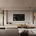 Modern Living Room Interior Design With TV Wall Fireplace Round Coffee Table And Plants