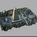 Ancient Architectural Complex With Traditional Pagoda Courtyards And Surrounding Trees 3d model