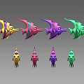 Group of Colorful Cartoon Style Fish in Yellow Pink Purple and Green Hues
