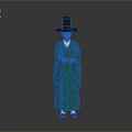 Man in Traditional Green Robe Wearing Black Tall Hat Holding Object Against Gray Background