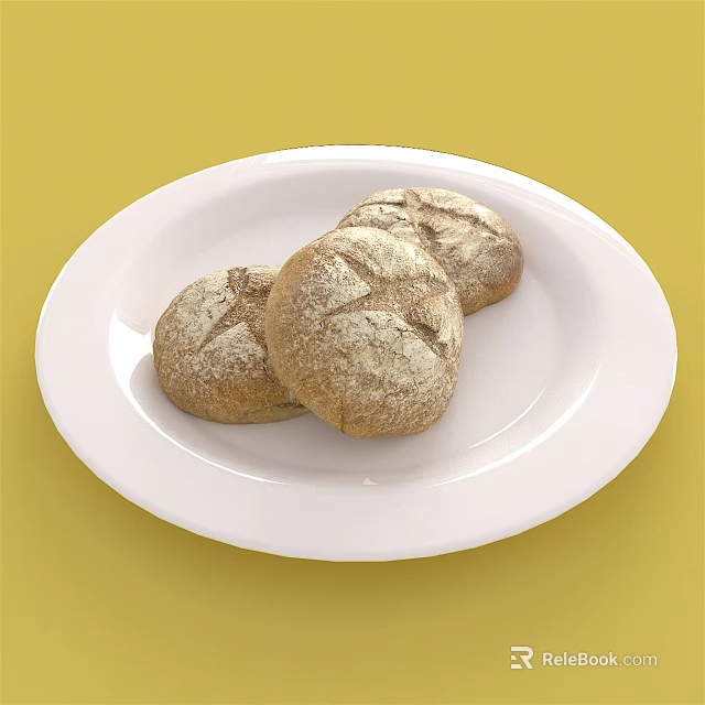Fresh Whole Wheat Bread Rolls Served on White Plate with Yellow Background 3d model 