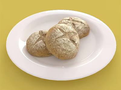 Fresh Whole Wheat Bread Rolls Served on White Plate with Yellow Background 3d model