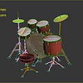 Red Drum Set With Snare Tom Tom Bass Drums And Yellow Cymbals On Stands