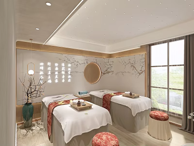 Elegant SPA Room Interior With Massage Beds White Linens Round Mirror Wall Calligraphy And Windows 3d model