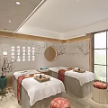 Elegant SPA Room Interior With Massage Beds White Linens Round Mirror Wall Calligraphy And Windows