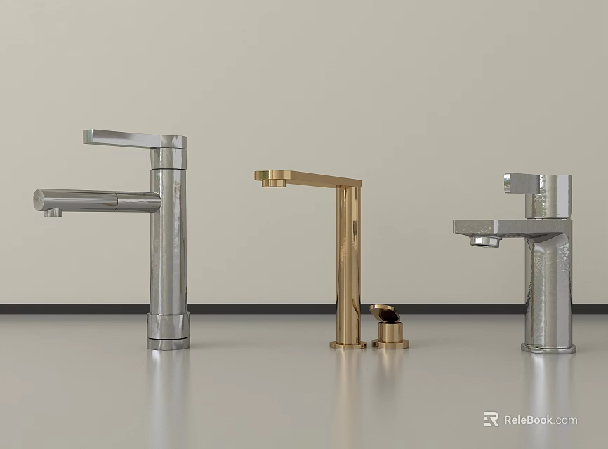Three Modern Water Faucets in Silver and Gold Finishes on Light Countertop 3d model 