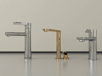 Three Modern Water Faucets in Silver and Gold Finishes on Light Countertop 3d model