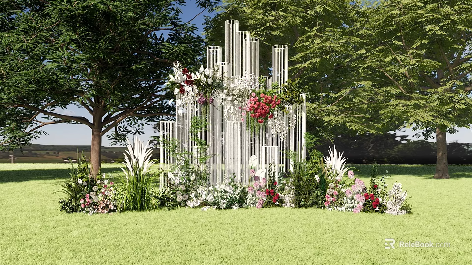 Outdoor Decorative Structure With White Columns And Colorful Flowers On Green Grass 3d model 