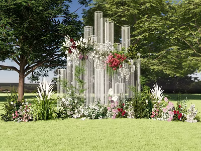 Outdoor Decorative Structure With White Columns And Colorful Flowers On Green Grass 3d model