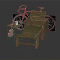 Wooden Recliner Chair With Small Side Table And Red Bicycle For Outdoor Relaxation Area