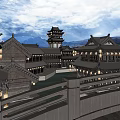Traditional Ancient Architecture Courtyard With Hanging Lanterns Curved Roofs And Wooden Pavilions