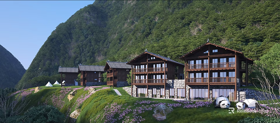 Scenic Mountain Guesthouse Building with Wooden Structure Balconies and Lush Green Surroundings 3d model 