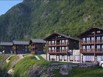 Scenic Mountain Guesthouse Building with Wooden Structure Balconies and Lush Green Surroundings 3d model