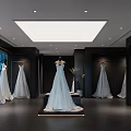 Bridal Shop Interior With Hanging Wedding Dresses Mannequin Display And City View Windows