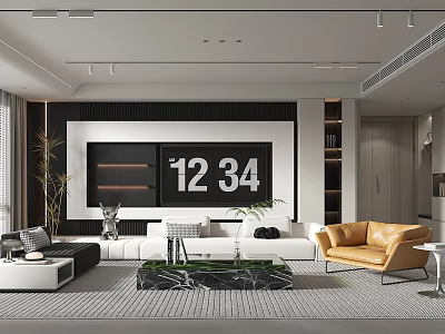 Modern Living Room Interior With White Sofa Black TV Wall And Marble Coffee Table 3d model