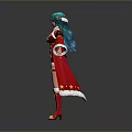 Anime Female Character With Teal Hair Red Coat Brown Shorts And Knee High Boots