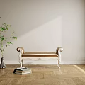 Elegant Beige Upholstered Bench With Carved Wooden Frame Green Plant In White Vase