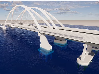 Modern Cable Stayed Arch Bridge Design With White Structure Spanning Over Blue Water 3d model
