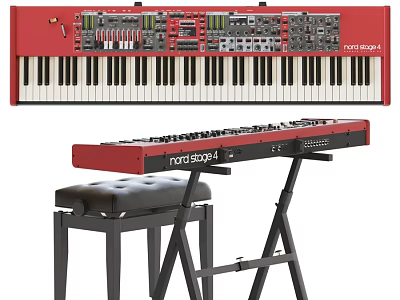 Red Nord Stage 3 Synthesizer Keyboard With Black Stool And Stand 3d model