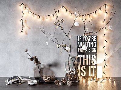 Decorative String Lights with Branches White Balls and Sign for Indoor Warm Ambiance 3d model