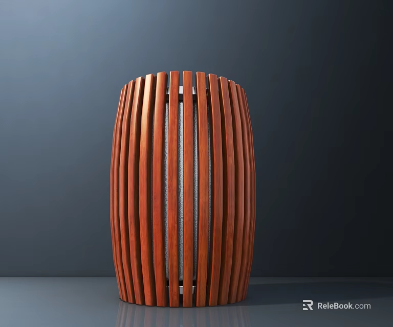 Brown Cylindrical Public Facility With Vertical Wooden Slats And Gray Stripe In The Middle 3d model 