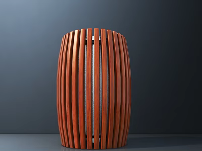 Brown Cylindrical Public Facility With Vertical Wooden Slats And Gray Stripe In The Middle 3d model