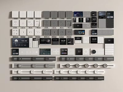 Switch Panels Various Styles Colors White Gray Black with Different Functions Switches Sockets Arranged Neatly 3d model