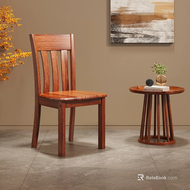 Classic Wooden Dining Chair With Round Side Table Green Plant Books Abstract Wall Art 3d model 