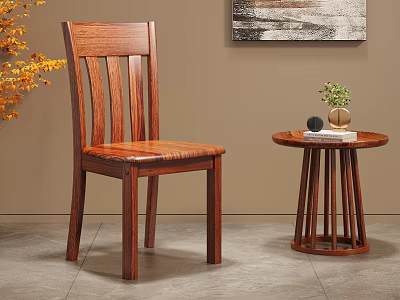 Classic Wooden Dining Chair With Round Side Table Green Plant Books Abstract Wall Art 3d model