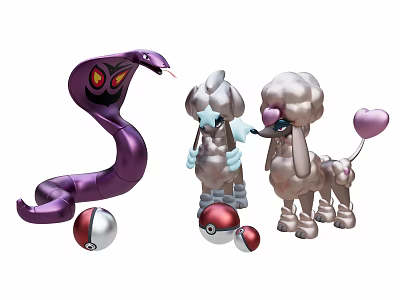 Purple Snake with Red Eyes and Fluffy Silver Dog Like Figures with Poké Balls 3d model