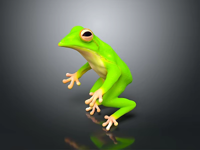 Realistic Vibrant Green Frog With Large Eyes In Sitting Pose On Black Surface 3d model