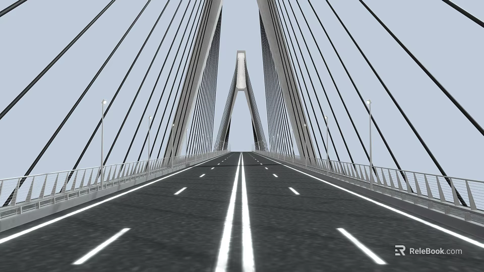 Modern Cable Stayed Bridge Design With Pylon Steel Cables Road Deck Lane Markings And Guardrails 3d model 