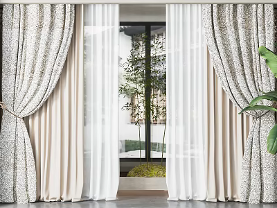Double Layer Patterned Curtains With White Sheer And Green Plants By Window 3d model
