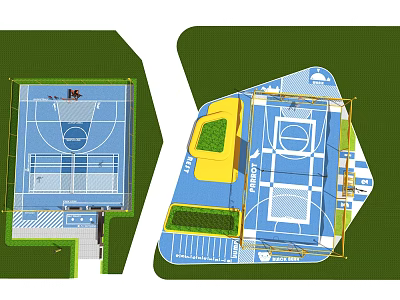 Basketball Court Layout Design With Blue Surface Yellow Area Green Surroundings And Lines 3d model