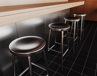 Modern Metal Bar Stools Arranged Along Wooden Bar Counter On Black Floor Tiles 3d model
