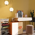 Dressing Table With Round Mirror Hanging Lights Book Stack And Pink Stool On Yellow Wall 3d model