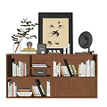 Modern Wooden Bookcase Shelf With Books Decor Items Picture Frame Vase Branches And Ribbed Design